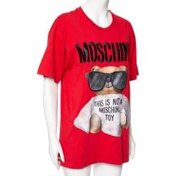 Pre Owned Moschino Red Teddy Logo Printed Cotton Short Sleeve T-Shirt S
