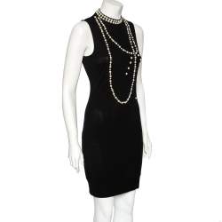 Pre Owned Moschino Black Silk Pearl Embellished Sleeveless Dress M