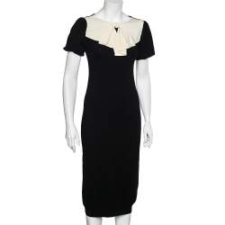 Pre Owned Moschino Black Wool Knit Contrast Bow Detail Midi Dress M