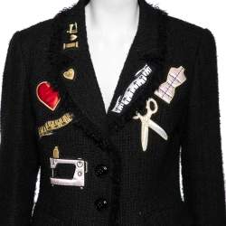 Moschino Black Tweed Appliqué Detail Frayed Blazer L