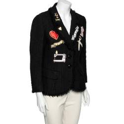 Moschino Black Tweed Appliqué Detail Frayed Blazer L