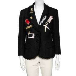 Moschino Black Tweed Appliqué Detail Frayed Blazer L