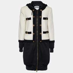 Pre Owned Moschino Couture Monochrome Tweed & Rib Knit Faux Jacket Hoodie Dress L