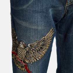 Pre Owned Moschino Jeans Navy Blue Embroidered Denim Distressed Jeans L