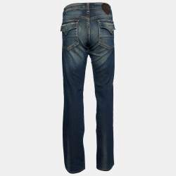Pre Owned Moschino Jeans Navy Blue Embroidered Denim Distressed Jeans L