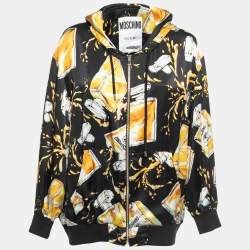 Pre Owned Moschino Black/Yellow Spilled Perfume Bottle Print Silk Zip Front Hooded Jacket M