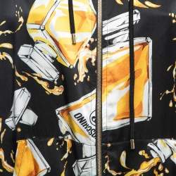 Pre Owned Moschino Black/Yellow Spilled Perfume Bottle Print Silk Zip Front Hooded Jacket M