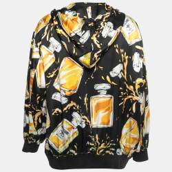 Pre Owned Moschino Black/Yellow Spilled Perfume Bottle Print Silk Zip Front Hooded Jacket M