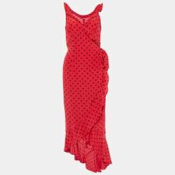 Moschino Red Polka Dot Printed Silk Ruffled Midi Wrap Dress L