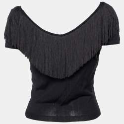 Pre Owned Moschino Black Rayon Knit Floral Embroidered Fringed Crop Top M