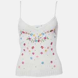 Moschino White Perforated Knit Embroidered Camisole Cardigan & Cotton Belted Skirt Set M