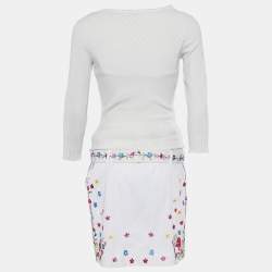 Moschino White Perforated Knit Embroidered Camisole Cardigan & Cotton Belted Skirt Set M