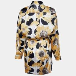 Pre Owned Moschino Yellow Printed Silk Lame Drape Detail Mini Dress L