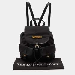 Pre Owned Moschino Black Nylon and Leather Logo Flap Backpack