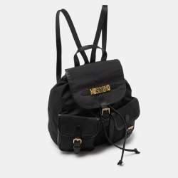 Pre Owned Moschino Black Nylon and Leather Logo Flap Backpack
