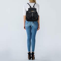 Pre Owned Moschino Black Nylon and Leather Logo Flap Backpack