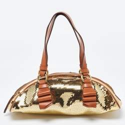 مملوكة مسبقًا Moschino Gold/Brown Sequins and Leather Satchel