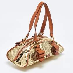 مملوكة مسبقًا Moschino Gold/Brown Sequins and Leather Satchel