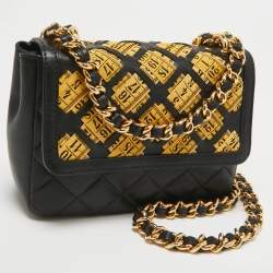 Pre Owned Moschino Black Leather Measuring Tape Chain Shoulder Bag