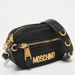 Pre Owned Moschino Black Leather and Nylon Classic Logo Camera Crossbody Bag