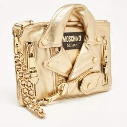 Pre Owned Moschino Gold Leather Capsule Biker Jacket Wristlet Clutch