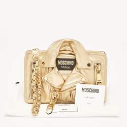 Pre Owned Moschino Gold Leather Capsule Biker Jacket Wristlet Clutch