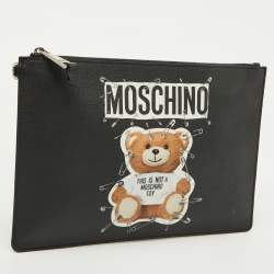 Pre Owned Moschino Black Teddy Bear Print Coated Canvas Medium Clutch