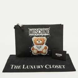 Pre Owned Moschino Black Teddy Bear Print Coated Canvas Medium Clutch