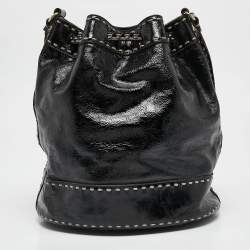 Pre Owned Moschino Black Wild Stitch Patent Leather Drawstring Bucket Bag