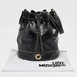 Pre Owned Moschino Black Wild Stitch Patent Leather Drawstring Bucket Bag