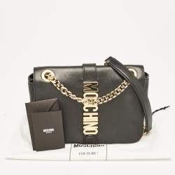 Pre Owned Moschino Black Leather Classic Logo Flap Chain Bag