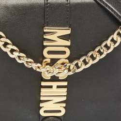 Pre Owned Moschino Black Leather Classic Logo Flap Chain Bag