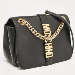 Pre Owned Moschino Black Leather Classic Logo Flap Chain Bag