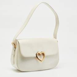 Moschino White Glossy Leather Heart Flap Shoulder Bag