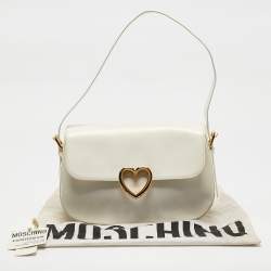 Moschino White Glossy Leather Heart Flap Shoulder Bag