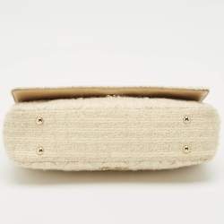 Moschino Cream Quilted Tweed Mirror Embellished Chain Shoulder Bag