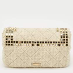 Moschino Cream Quilted Tweed Mirror Embellished Chain Shoulder Bag