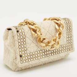 Moschino Cream Quilted Tweed Mirror Embellished Chain Shoulder Bag