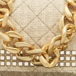 Moschino Cream Quilted Tweed Mirror Embellished Chain Shoulder Bag