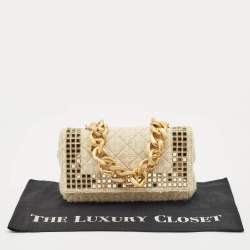 Moschino Cream Quilted Tweed Mirror Embellished Chain Shoulder Bag