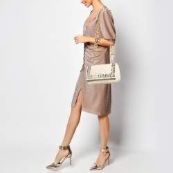 Moschino Cream Quilted Tweed Mirror Embellished Chain Shoulder Bag