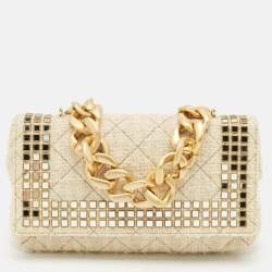 Moschino Cream Quilted Tweed Mirror Embellished Chain Shoulder Bag