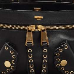 Moschino Black Leather Eyelet Pocket Tote