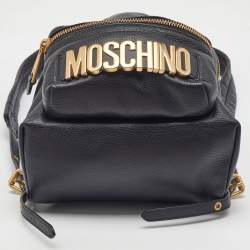Pre Owned Moschino Black Leather Logo Backpack