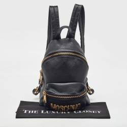 Pre Owned Moschino Black Leather Logo Backpack