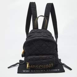 Pre Owned Moschino Black Quilted Nylon and Leather Studded Classic Logo Backpack