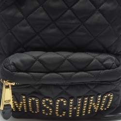 Pre Owned Moschino Black Quilted Nylon and Leather Studded Classic Logo Backpack