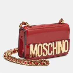 Pre Owned Moschino Red Patent Leather Mini Logo Shoulder Bag