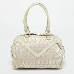 Pre Owned Moschino White/Cream Signature Fabric and Leather Zip Satchel