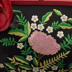 Pre Owned Moschino Black/Red Satin and Leather Tassel Floral Embroidered Shoulder Bag